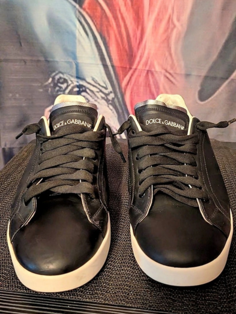 Dolce & Gabbana Portofino Leather Low-Top Sneakers Black & Silver EU 40